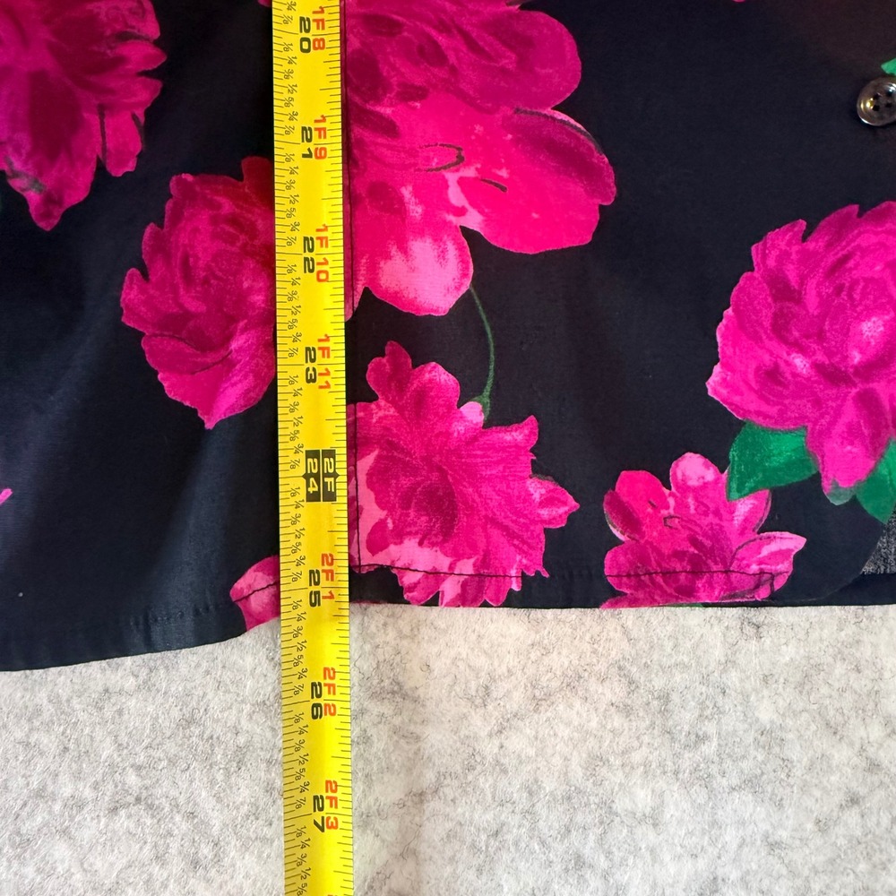 Ann Taylor Floral Blouse Womens 18 Black Pink Rose Print Ruched Side Button Down - Picture 4 of 9